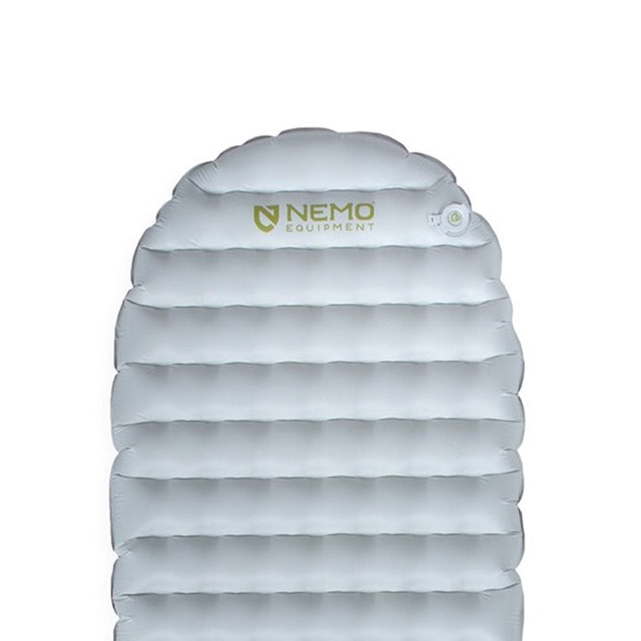 Top view of a gray NEMO Equipment Tensor™ Elite Ultralight Insulated Sleeping Pad with horizontal air chambers, "NEMO Equipment" logo, and a valve in the upper right corner.