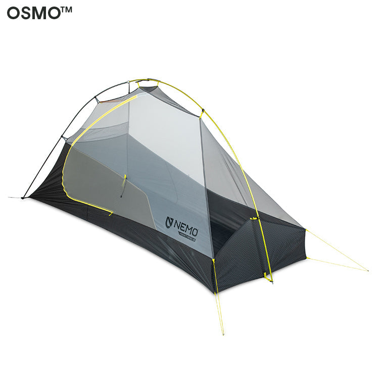 The NEMO Equipment Hornet OSMO™ Ultralight Backpacking Tent for two, in gray and yellow, has a single pole structure and mesh panels, shown set up on a white background.