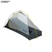 The Hornet OSMO™ Ultralight Backpacking Tent by NEMO Equipment features mesh panels, yellow poles, taut guylines, and advanced OSMO fabric for excellent water repellency, displayed on a white background.