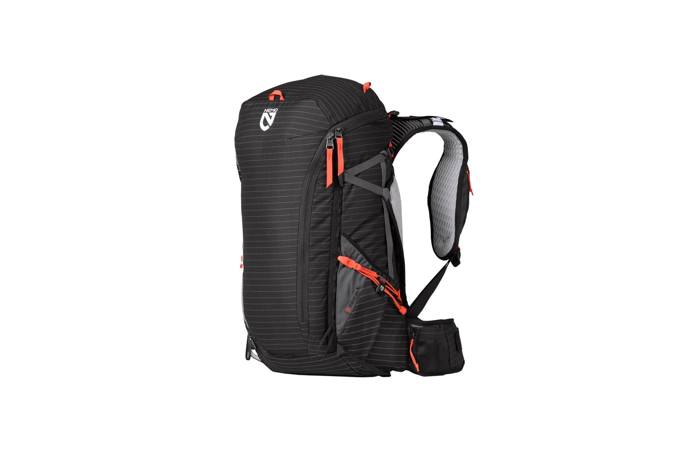 The Persist™ Men's 30L Endless Promise® All-Adventure Backpack by NEMO Equipment features black and gray design with red zippers, multiple compartments, padded shoulder straps, and sustainable materials, shown on a white background.
