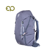 The NEMO Equipment Resolve™ Women’s 35L Endless Promise® Technical Active Daypack, in gray with multiple straps and pockets, made from exclusive fabrics, is shown on a white background with a green logo in the top left.