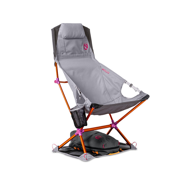 The NEMO Equipment Satellite™ Reclining Anywhere Chair, shown on a white background, is a light blue and black portable chair with a high back, cup holder, folding frame, and full-body support.