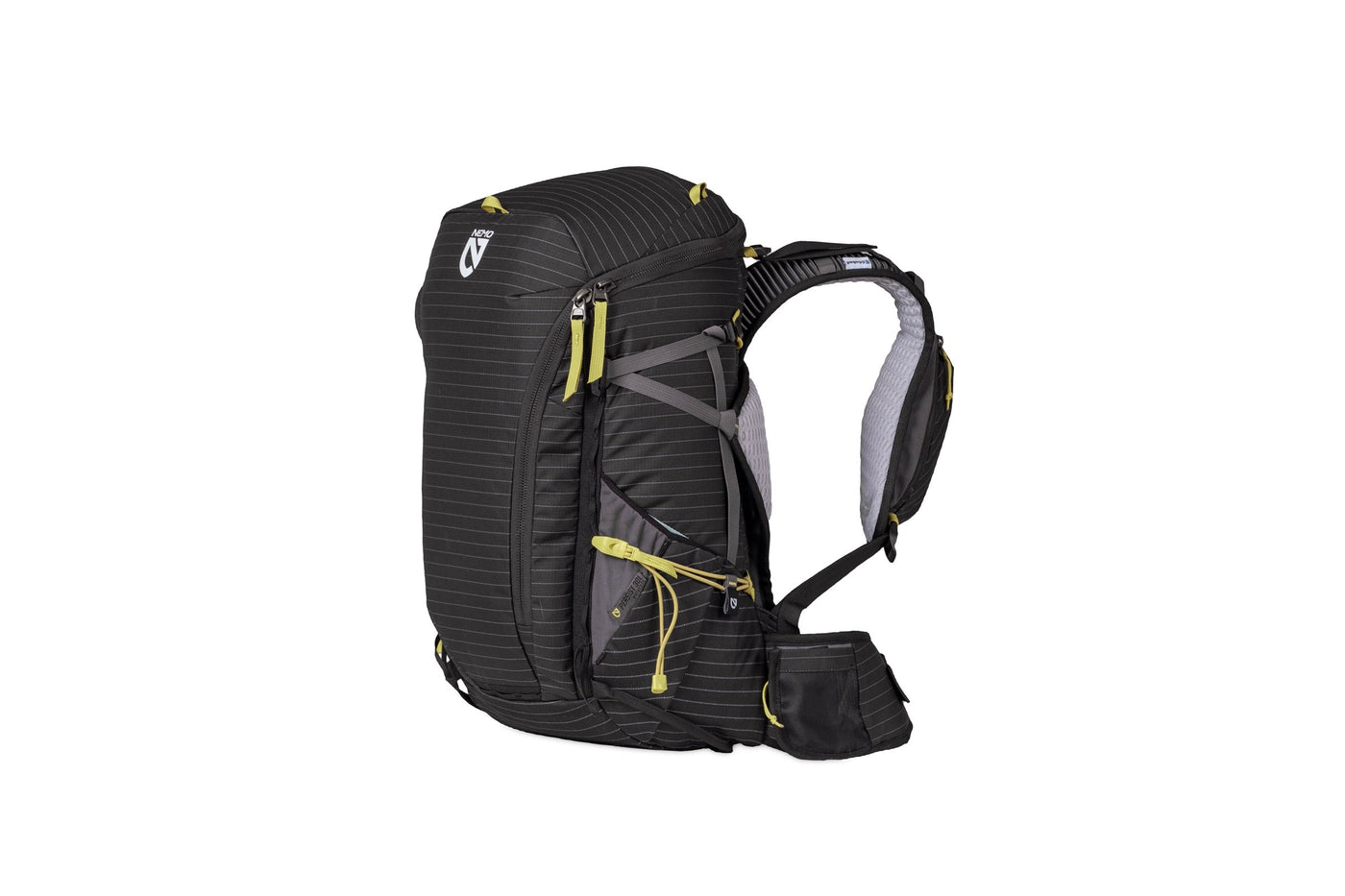 The Persist™ Women's 30L Endless Promise® All-Adventure Backpack by NEMO Equipment in black and gray with yellow zippers, crafted from sustainable materials, offers multiple compartments. Seen side view, it's perfect for mountain adventurers seeking durable and functional gear.