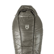 The Soul™ Endless Promise® Synthetic Mummy Sleeping Bag by NEMO Equipment is gray with a hood and features the NEMO logo on the chest, shown against a white background.